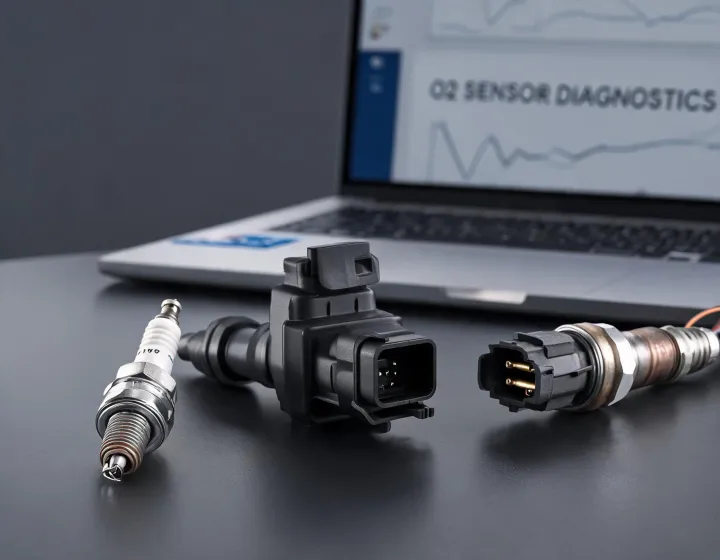 Oxygen sensor, spark plug, and ignition coil arranged for Delphi catalog review